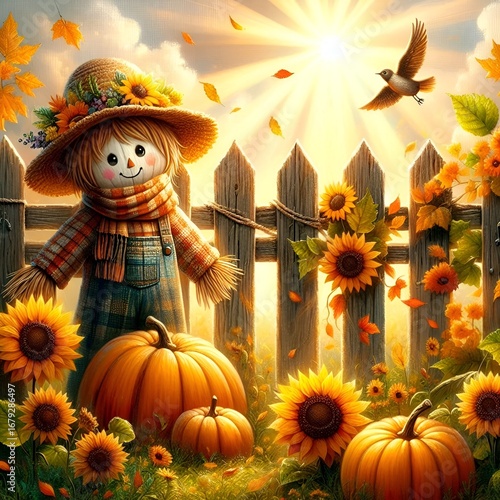 autumn scene featuring a charming scarecrow dressed in a straw hat adorned with sunflowers and autumn foliage, a plaid scarf, and denim overalls