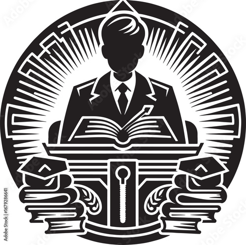 A stylized black and white image of a scholar with books representing education