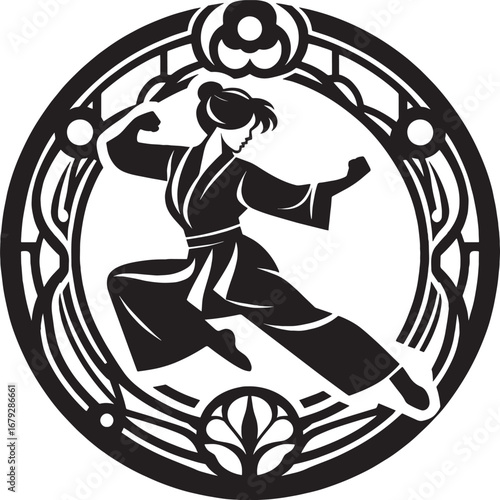 Dynamic Silhouette of a Karate Practitioner Executing a Powerful Kick Within a Decorative Circle