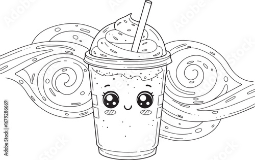 Adorable Frappuccino Coloring Page with Swirling Decorations for