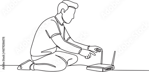 Continuous Line Drawing: Man Rebooting Wireless Router for Conne