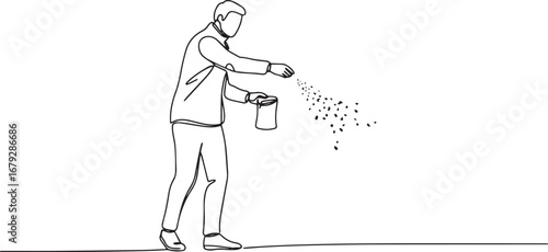Single line illustration of a man sowing seeds, concept of growt