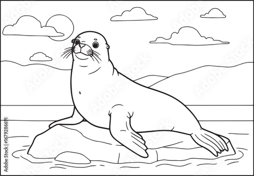 Elegant Sea Lion Illustration Lounging on a Rock, Tranquil Seasc