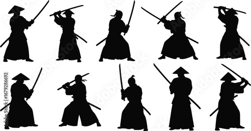 Samurai warriors silhouettes with katana swords, martial arts poses, traditional Japanese warriors, sword fighting, ancient samurai battle, warrior culture illustration