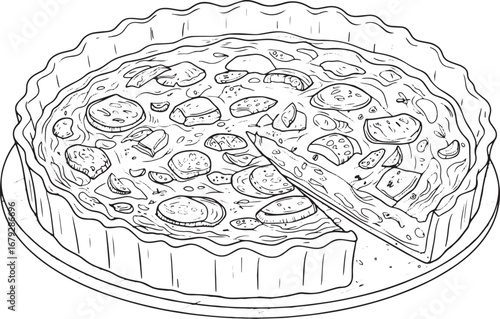 Detailed line art illustration of a classic french quiche lorrai