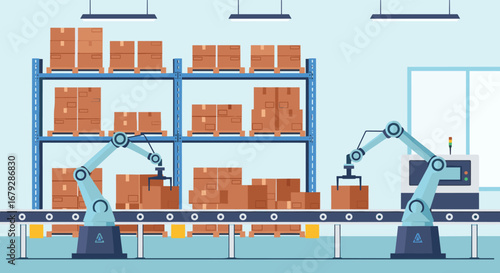 Robotic arms efficiently moving product boxes in a modern, automated warehouse setting for streamlined processes