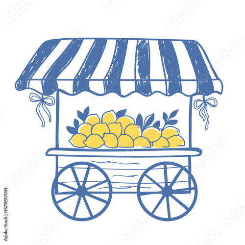 Hand-drawn doodle of a vintage lemon cart with striped awning. Summer fruit, market stand, organic citrus illustration for fresh lifestyle design