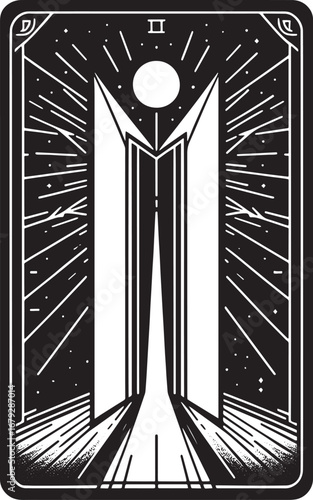 Elegant Black and White Geometric Illustration Featuring Abstract Lines and Cosmic Elements