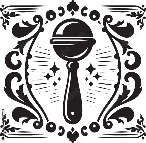 Vintage Baby Rattle Illustration: Decorative Design with Ornamented Frame and Star Accents
