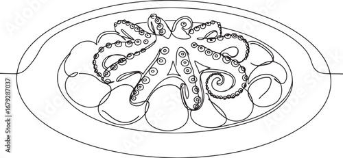 Elegant Single Line Art: Delicious Spanish Octopus with Potatoes