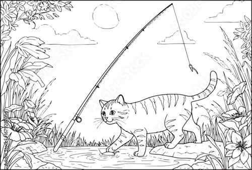 Whimsical Illustration of a Fishing Cat in a Tranquil Waterside