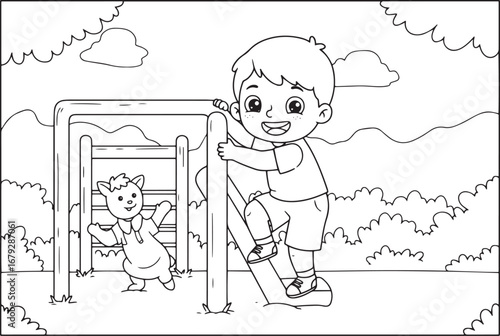 Charming line art illustration of a boy climbing with his animal
