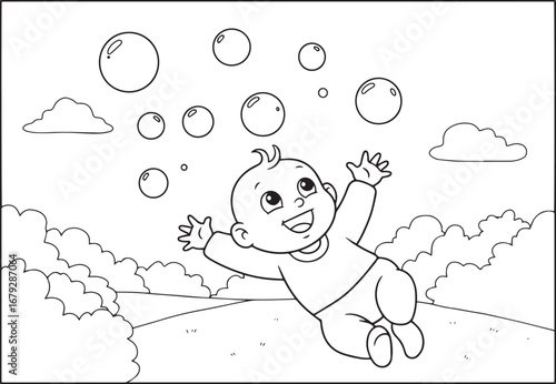 Enchanting coloring page: A joyous baby reaches for floating bub