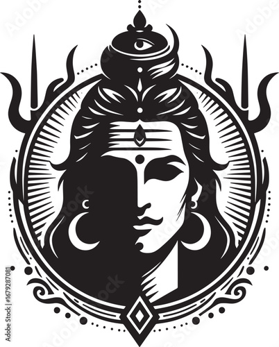 Intricate Black and White Illustration of Lord Shiva with Symbolic Elements and Design