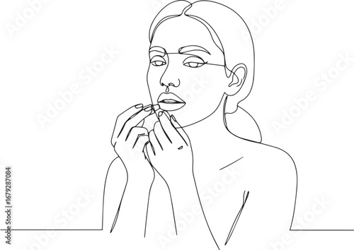 Elegant continuous line drawing of a woman applying lip product