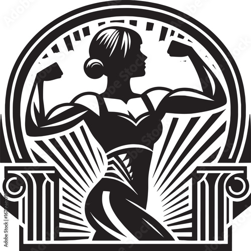 Strong Woman Silhouette in Art Deco Style, Representing Fitness and Empowerment, Vector Illustration