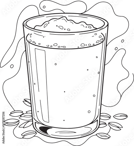 Hand Drawn Illustration of Oat Milk Drink in a Glass with Oat Se