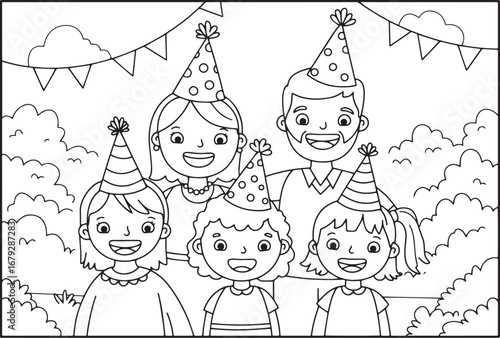 Monochrome outline illustration featuring a family celebrating w