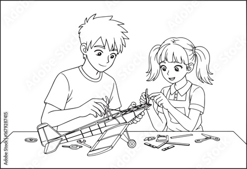Illustration of siblings crafting an airplane model, focusing on