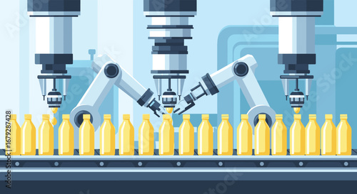 Automated factory robots filling yellow bottles on conveyor belt for efficient production line needs