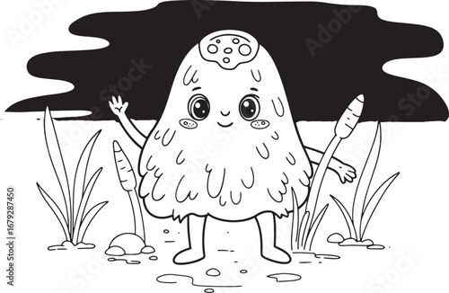 Cartoon Bog Moss Creature Waving in a Wetland Environment Black