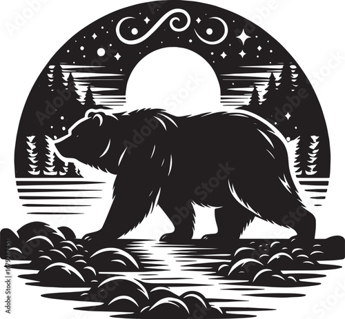 Silhouette of a Grizzly Bear in a Natural Landscape with Moon and Trees at Night