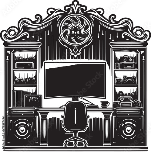 Black and white illustration of a gaming room with a computer and entertainment consoles
