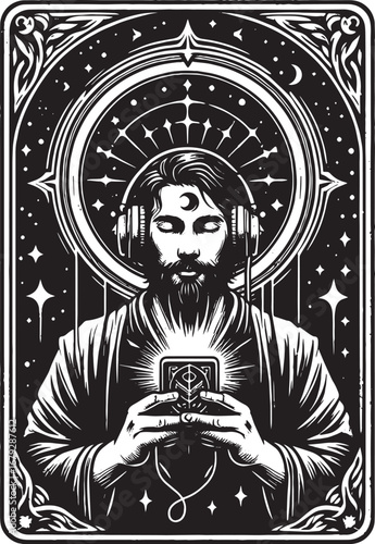Mystical illustration of a man with headphones holding a glowing tablet, a spiritual concept