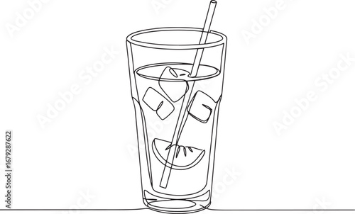 Minimalist Line Art: Refreshing Drink with Ice and Citrus Slice