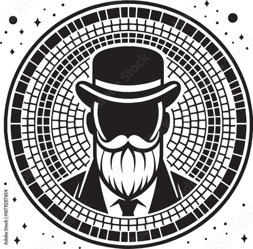 Artistic black and white illustration of a gentleman wearing a hat with a patterned background