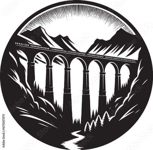 Monochrome Illustration of a Stone Bridge Over Mountains in a Circular Design
