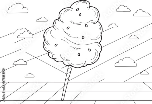Whimsical landscape with cotton candy cloud and geometric patter