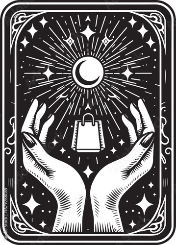 Mystical illustration of hands holding a shopping bag under the moon and stars in black and white