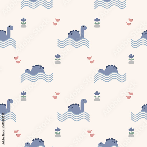 Dinosaur blue in swamp cartoon so cute. On flower fish background. Pattern seamless vector illustration. 