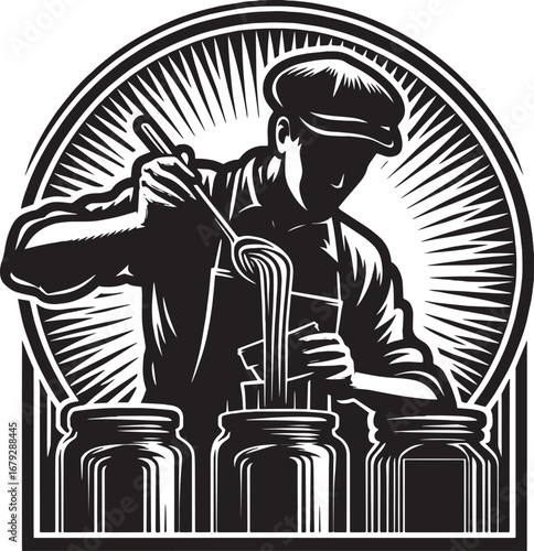 Artisan Preserving Food in Jars: A Vintage Black and White Illustration