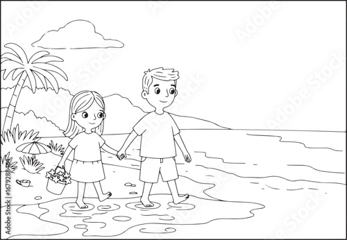 Children's illustration of a delightful beach walk featuring a y
