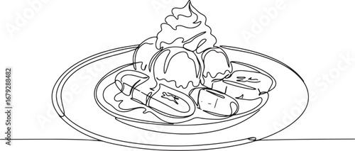 Elegant single line drawing showcases delicious bananas foster d