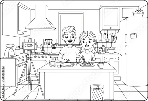 Capturing culinary moments: A couple's kitchen vlog in outline f