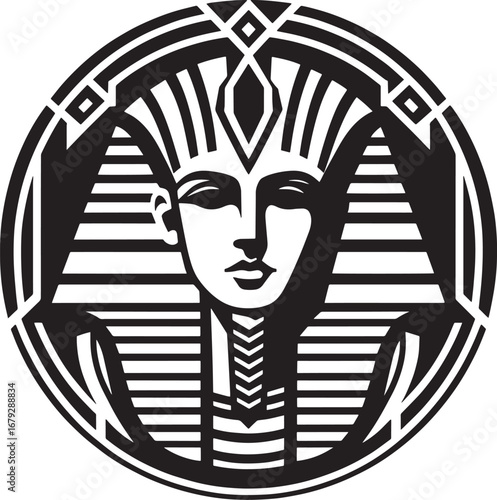 Stylized Black and White Illustration of Pharaoh's Face in a Circular Frame for Design