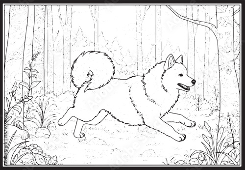 Outlined Finnish Spitz Dog Running Through a Forest Coloring Pag