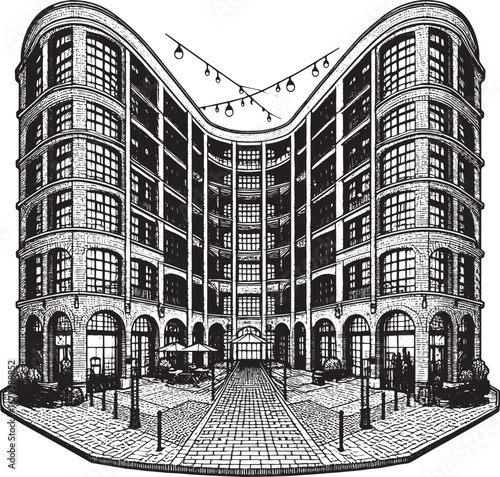 Architectural illustration of a vintage building with a courtyard and decorative lighting elements
