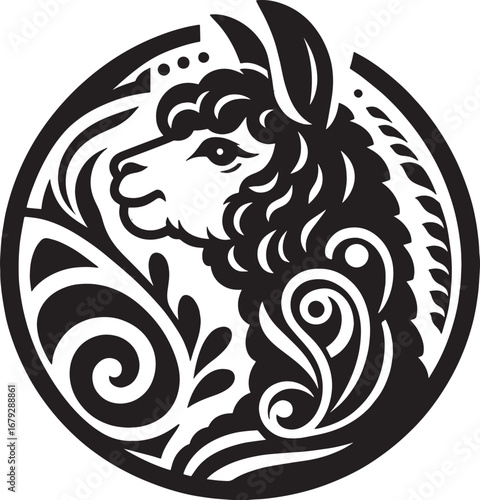 Elegant Black and White Llama Vector Illustration Inside a Decorative Circular Frame