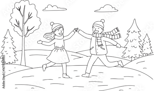 Whimsical winter adventure a cheerful couple frolicking in a sno