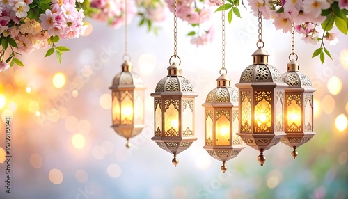 Ornate lanterns hang amidst spring blossoms