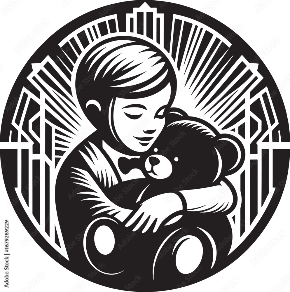 Naklejka premium Monochrome Illustration of a Child Embracing a Teddy Bear Symbolizing Childhood and Comfort