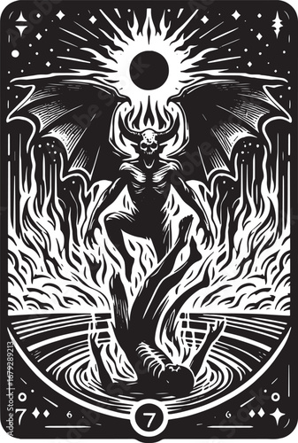 Dark Art Illustration of a Demon and Human in a Fiery Inferno: A Tarot Card Depiction