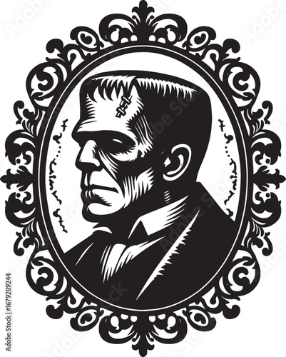 Classic Black and White Portrait of Frankenstein's Monster in an Ornate Decorative Frame