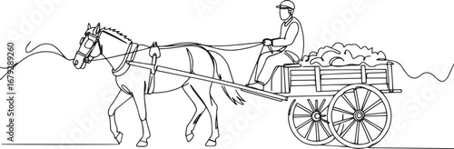 Vintage farming scene showcasing continuous line drawing of hors