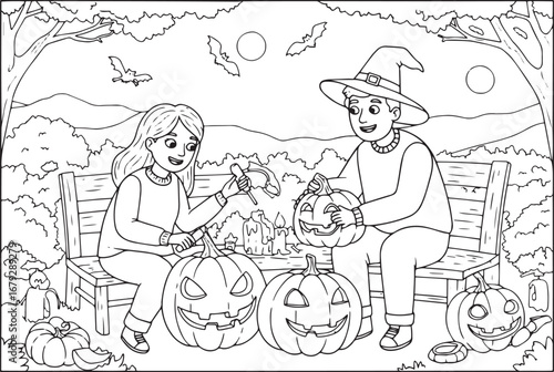 Halloween preparation with a couple carving pumpkins in an atmos