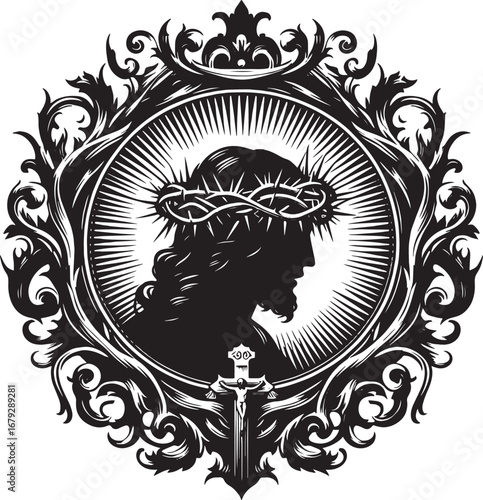 Silhouette of Jesus Christ wearing a crown of thorns in ornate decorative frame